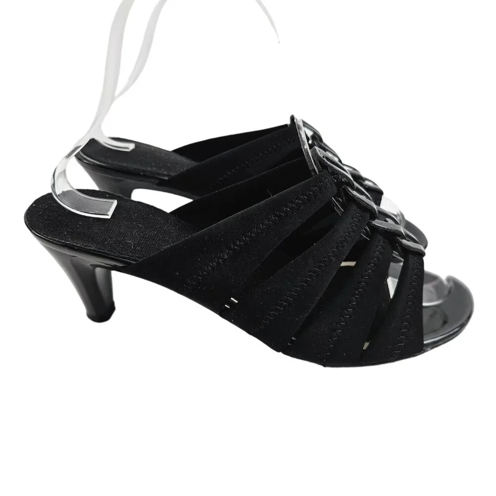 East 5th Black Heeled Sandals Decorative Fabric Straps Open Toe Slip On 199680 8 - Picture 4 of 8